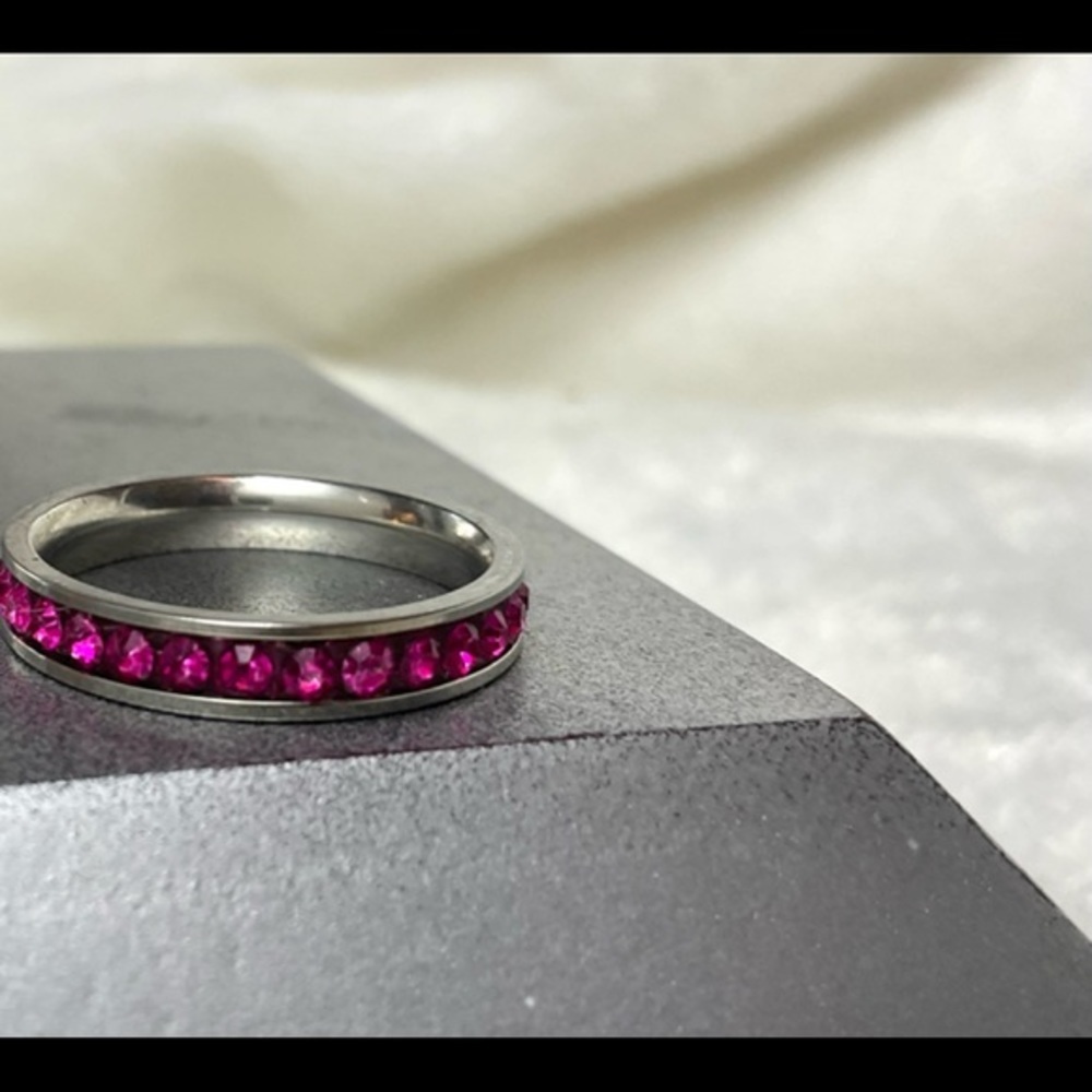 Fuchsia Crystal Channel Stainless Steel Eternity Band